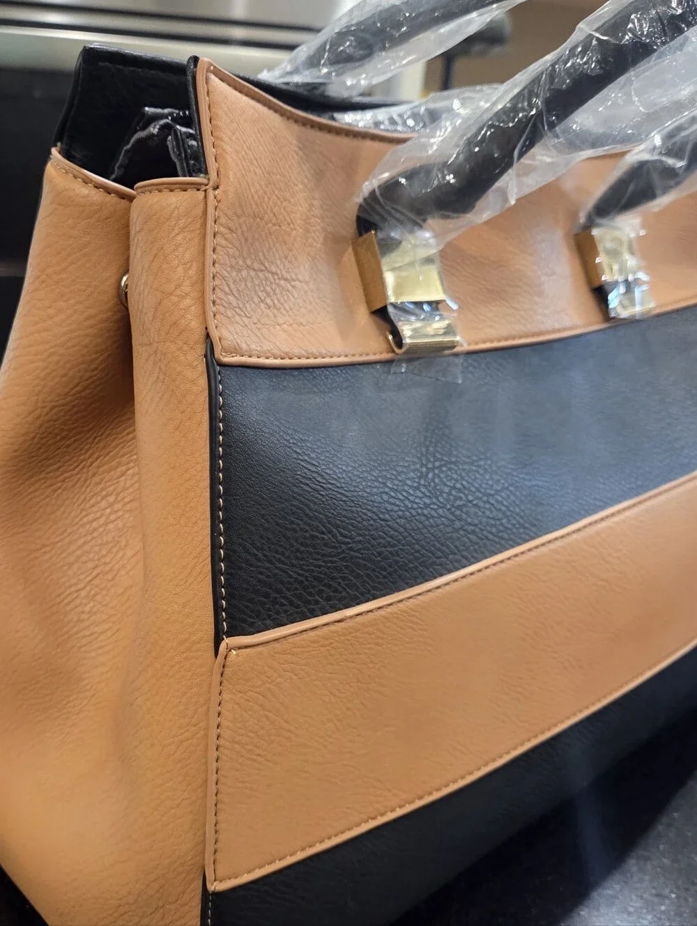 Black & Tan Color Block Tote, Large Structured Travel Work Shoulder Bag